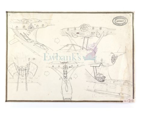 Terrahawks - Original concept artwork of the Hawkwing, pen / pencil on paper showing various angles, signed by Steven Begg an