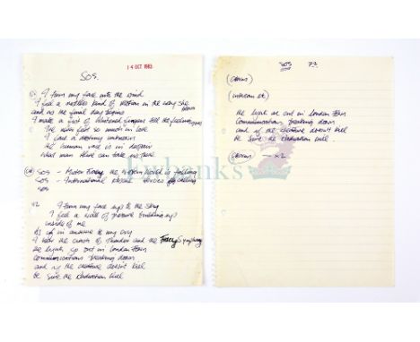 Terrahawks - Original Kate Kestrel Handwritten lyrics for the hit song ‘S.O.S’, over two pages and dated 14 October 1983 (2).