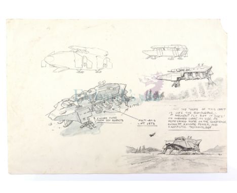 Terrahawks - Original concept artwork of the Battlehawk, pencil on paper with notes, Terrahawks was a 1980s British science f