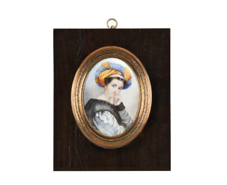 Y Continental School (19th century)Portrait miniature of a Sybil, wearing fur trimmed white coat, double strand pearl necklac