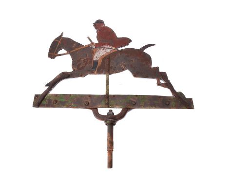 A weather vane, late 19th/early 20th century, modelled as a mounted huntsman, 84cm high overall, 75cm wide
