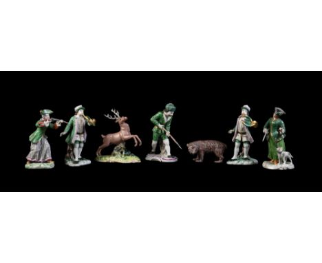 A group of seven Nymphenburg porcelain 'Frankenthal Hunt' figures, various dates second quarter 20th century, comprising: a h