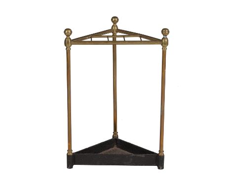 A Victorian brass and cast iron stick stand, circa 1890, of triangular form, with faint Rd. No. to one upright, 62cm highCond