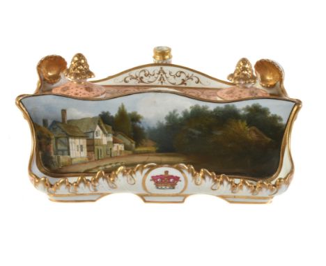A Chamberlain Worcester salmon-pink ground and gilt inkstand, circa 1810, painted with a titled view of Hallow near Worcester