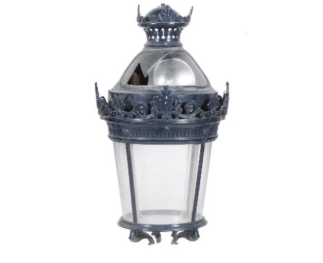 A blue painted metal, composition and glazed lantern, English or French, late 19th century, the domed top and tapered cylindr
