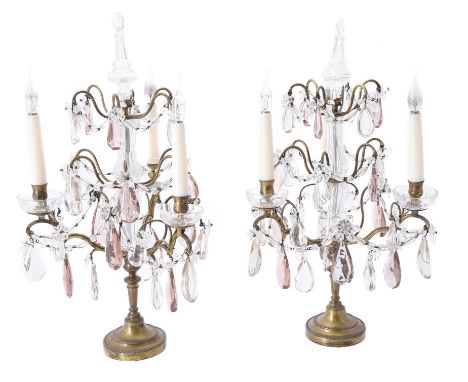 A large French gilt metal and amber, amethyst and clear glass mounted four branch candelabrum, late 19th century and adapted,