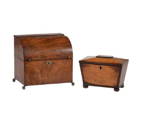 A Regency burr wood, probably yew, veneered tea caddy, circa 1815, of sarcophagus form the lid enclosing a pair lidded compar