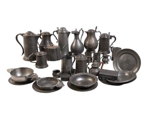 A large collection of approximately thirty items of pewter, various dates 18th and 19th centuries, including a rare George II