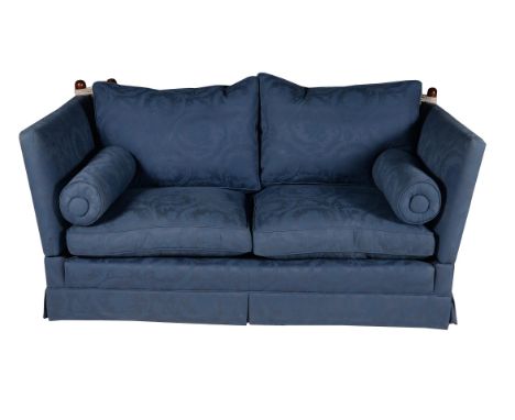 A blue upholstered knole sofa, early 21st century, by Dible & Roy, the drop arms secured by tassels to the beech knops, 96cm 