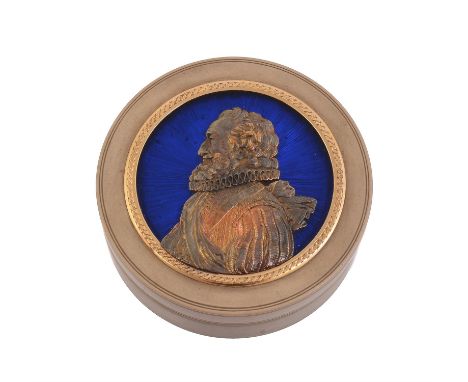Y A French enamel, tortoiseshell and composition bonbonniere, circa 1790, the cover with a semi relief profile portrait of He