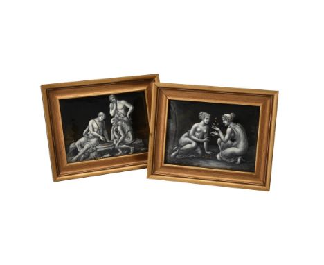 A pair of Limoges enamel plaques en grisaille, in 17th century style, probably 19th century, with scenes of men and women pla