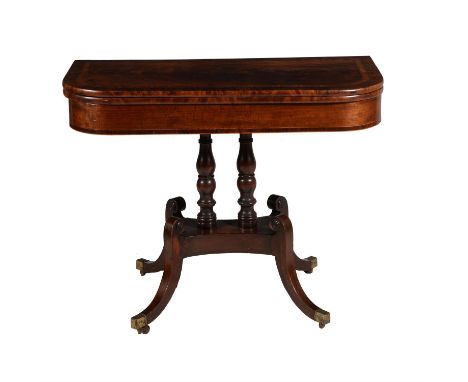 Y A Regency mahogany, satinwood and rosewood banded card table, circa 1820, the hinged top enclosing a baize lined playing su