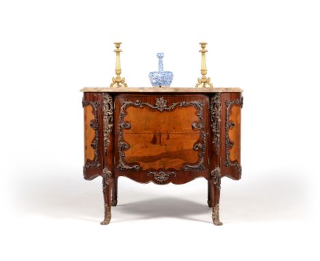 A French mahogany, marquetry and gilt metal mounted commode, 20th century, with shaped alabaster top and decorated with silve