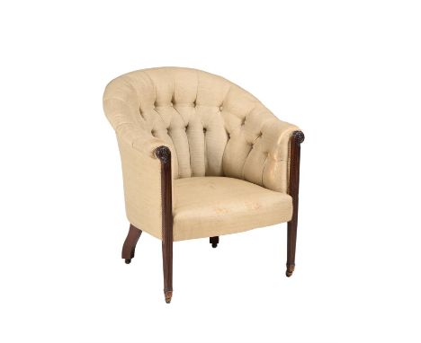 A mahogany button back tub chair in Regency style, circa 1900, the rear legs with indistinct stamp, J. FELL
