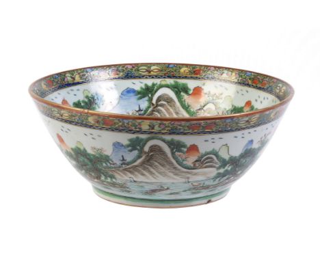 A Cantonese 'Landscape' bowl, first quarter of the 20th century, painted to the interior and exterior with an continuous land