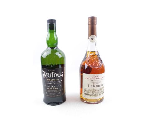 Bottle of Ardbeg 10Year Islay and a bottle of Delamain Cognac Champagne 