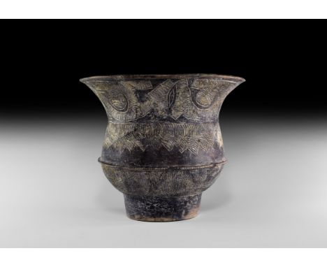 Ban Chiang Period, 15th-9th century BC. A ceramic storage jar with tall basal ring, biconvex body and flared neck; sgraffito 