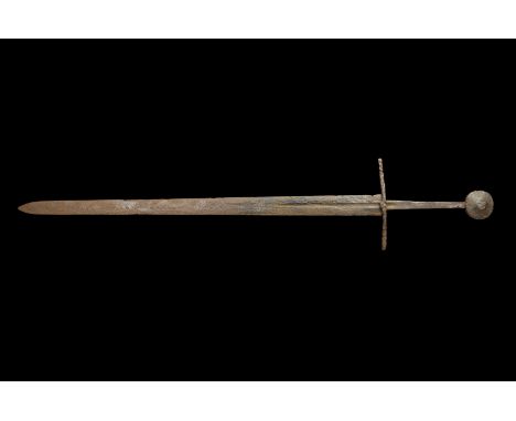 Mid-late 14th century AD. An iron longsword of Oakeshott's Type XIIIA. 10 or 13 (Oakeshott, 1991, pp. 105-106), the cross sty