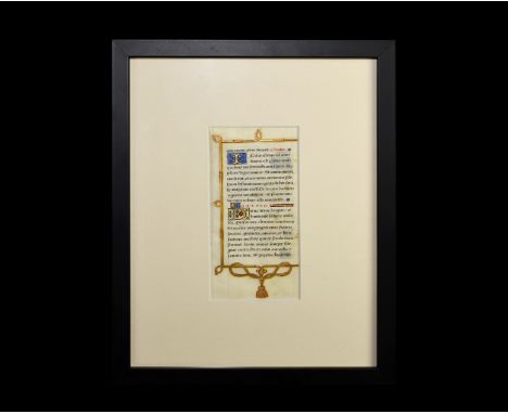 15th century AD. A vellum manuscript leaf from a Book of Hours with twenty lines in two blocks of text in batarde script, dec