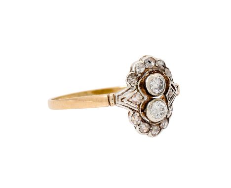 Zierlicher Jugendstil Ring mit Diamanten von zus. ca. 0,30 ct, gute Farbe u. Reinheit, GG 14K, Schauseite Silber, 1,4 gr, RW: