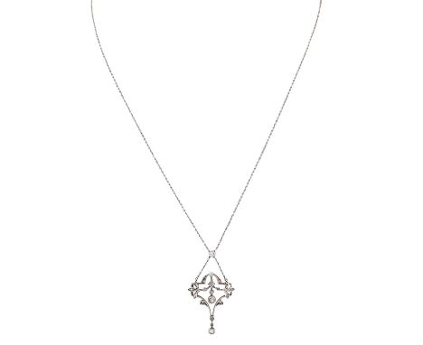 Jugendstil Collier mit Diamanten, GG/WG 14K, Schauseite Platin-Silber Legierung, Kette Platin mit Verlängerung aus Weißgold, 