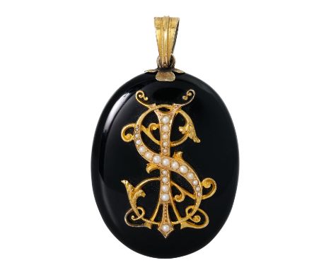 Historismus Anhänger mit Monogramm "SI", GG 18K, schwarz emailliert, mit kleinen Perlen besetzt, rückseitig mit Fotografie ei