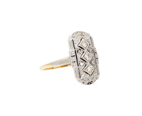 Art Déco Ring mit kleinen Diamanten von zus. ca. 0,15 ct, gute Farbe u. Reinheit, 14K GG, Schauseite Platin, 2,8 gr, RW: 54, 