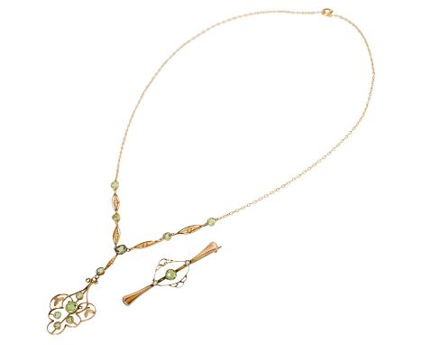 Jugendstil Schmuckkonvolut 2-teilig mit Peridot und 2 Saatperlen, bestehend aus zartem Collier L: 43 cm und Brosche 4,8x1,5 c