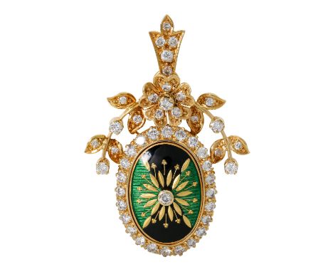 Anhänger mit Email und Brillanten zus. ca. 1,2 ct, ca. FW-WEISS (G-H)/P1-3, tlw. kleine Kerben und Ausbrüche, schwarzes und g