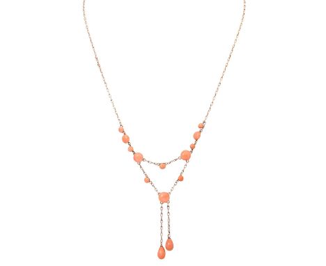 Jugendstil Collier mit Mittelmeerkorallen, RG 14K, 8,9 gr, Kettenlänge ca. 46 cm, 1910-1915, guter altersgemäßer Zustand. IMP
