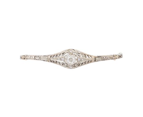 Art Déco Armband mit 1 Altschliffdiamant 0,2 ct ca. LGW-GW (J-K)/VS und 4 Diamantrosen, WG 18K, 7,4 g, L: 16 cm mit 2 Ersatzg