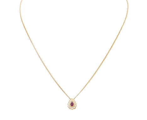 Kette und Anhänger mit Rubin und Brillanten von zus. ca. 0,2 ct, gute Farbe u. Reinheit, GG 14K, 4 gr, Kettenlänge ca. 44 cm,