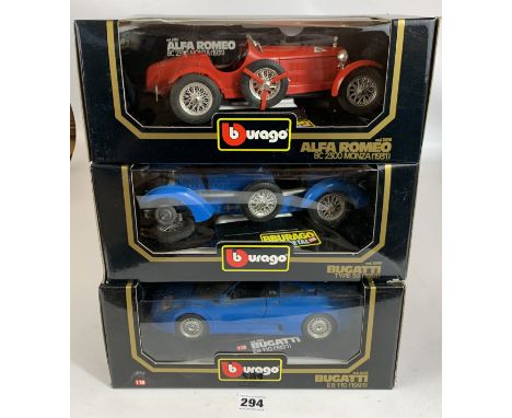 3 boxed Bburago 1:18 die cast cars – Alfa Romeo 8C 2300 Monza 1931, Bugatti EB110 1991 and Bugatti Type 59 1934