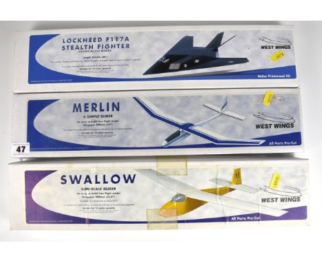 3 boxed West Wings kits – Merlin (unopened), Lockheed F117A Stealth Fighter and Swallow semi-scale glider