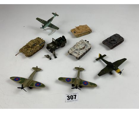 4 loose Corgi army tanks, US Army jeep, 4 military airplanes, 2 figures                                                      