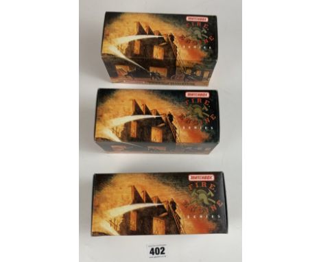 3 Boxed Matchbox Models of Yesteryear Fire Engines Series YFE01 1920 Mack AC, YFE22-M 1916 Ford Model T Fire Engine and YFM37
