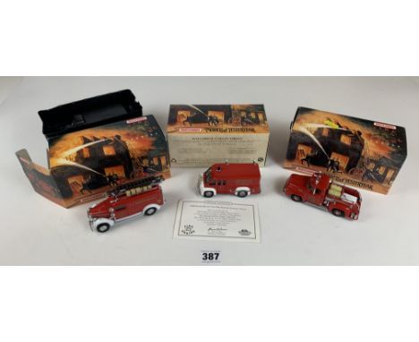 3 boxed Matchbox Models of Yesteryear Fire Engine Series – YFE14 1953 Ford Pickup Truck, YFE16 1948 Dodge Route Van Fire Figh