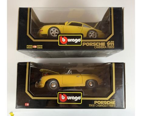 2 boxed Bburago 1:18 die cast cars – Porsche 356B Cabriolet 1961 and Porsche 911 Carrera 1993