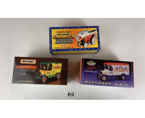 3 Boxed Matchbox Models of Yesteryear Junior Collectors Club 1912 Ford Model T Truck, Billy Smart’s Corontation Amusements Y-