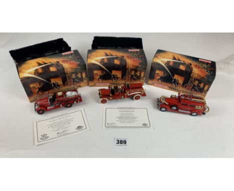 3 boxed Matchbox Models of Yesteryear Fire Engine Series – YFE24-M 1911 Mack Fire Engine, YFE15 1935 Mack AB Fire Engine and 