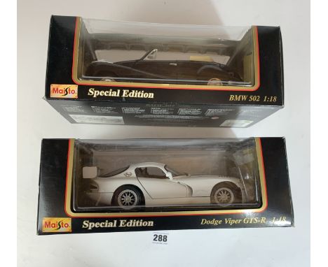 2 boxed Maisto Special Edition 1:18 die cast cars – Dodge Viper GTS-R and BMW 502 