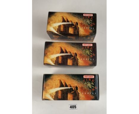 3 Boxed Matchbox Models of Yesteryear Fire Engines Series YFE21-M 1907 Seagrave AC53 Fire Engine, YFE11 1923 Mack AC Water Ta