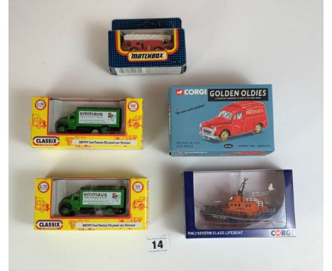 2 Boxed Classix by Pocketbond EM7999 Ford Thames Emmaus, Boxed Corgi Golden Oldies Morris 1000 Nestles 06502, Boxed Matchbox 