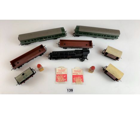 Hornby Tri-ang engine ‘Princess Victoria’, 2 carriages, 2 flat bed trucks, 2 wagons, Shell wagon and accessories 