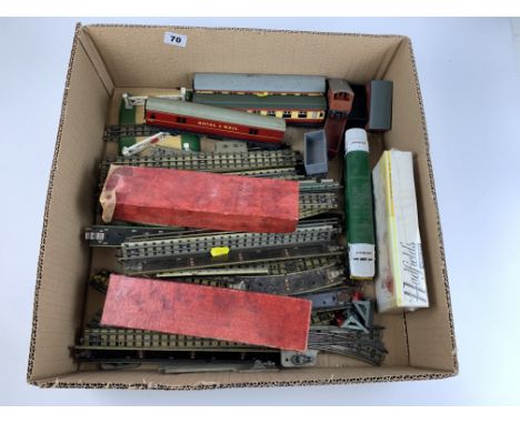 Box including mixed track, Eddie Stobart engine, 3 Hornby carriages, 5 Trix trucks, 2 boxed Trix carriages and model tram kit