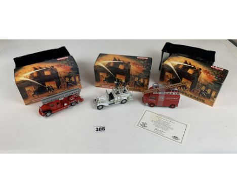 3 boxed Matchbox Models of Yesteryear Fire Engine Series – YFE13 1947 Citroen Type H Van, YFE04 1939 Bedford Tanker and YYM37