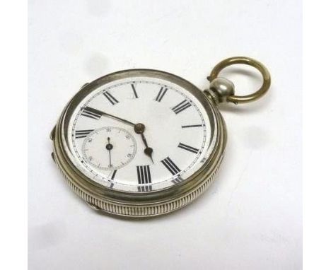 A silver cased open face pocket watch, the white enamel dial with black Roman numerals and second hand section within and eng