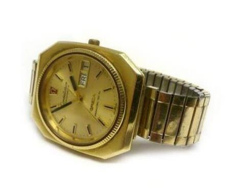 A gentleman's gold plated Constellation Chronometer Megasonic 720 Hz wristwatch by Omega, the circular dial with gold coloure