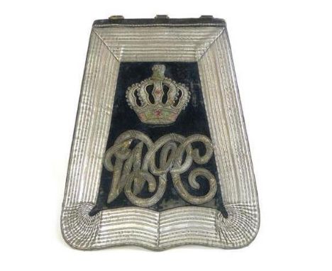 A 19th century Warwickshire Calvary sabretache, the Royal Cypher and crown with red and green colouring, three loop hooks to 
