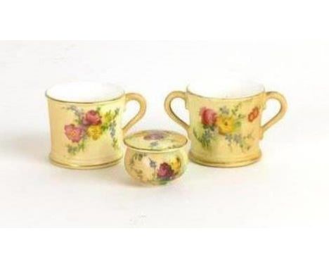 A Royal Worcester miniature pot and cover decorated with flowering shrubs, pdcm 1907, d. 3.5 cm, together with two 1903 minia